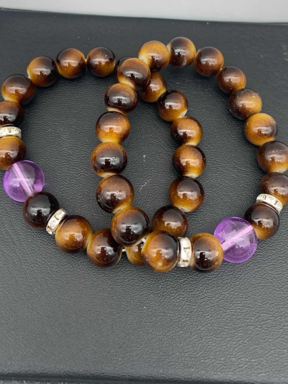 Lot of 2 Acrylic Tiger Eye colored and Purple Accent Beaded Stretch Bracelet